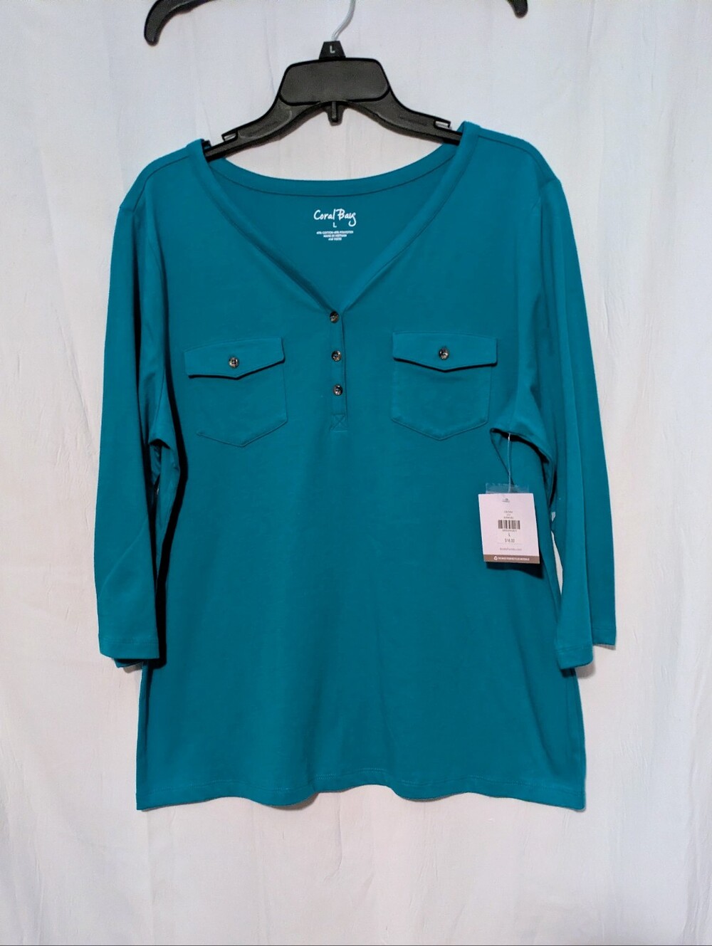 Coral Bay Teal Pullover Top  Relaxed Fit Size Large